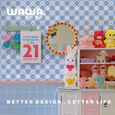 ins风儿童房墙纸蓝色格little berry 壁纸男孩女孩卧室墙布背景墙