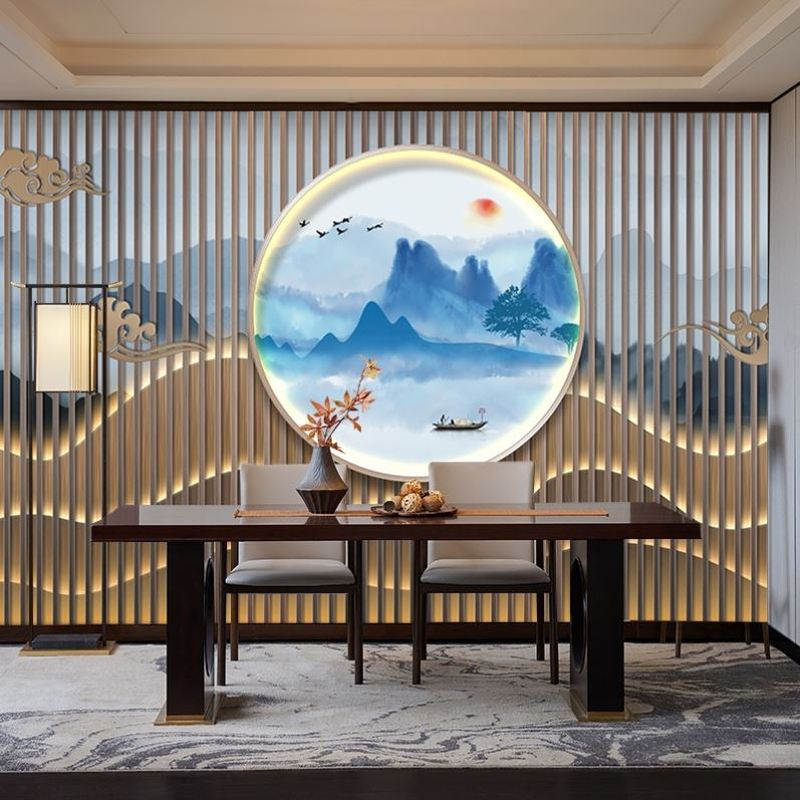 新中式禅意发光山水格栅墙纸按摩房间背景墙茶叶店茶室SPA店壁纸