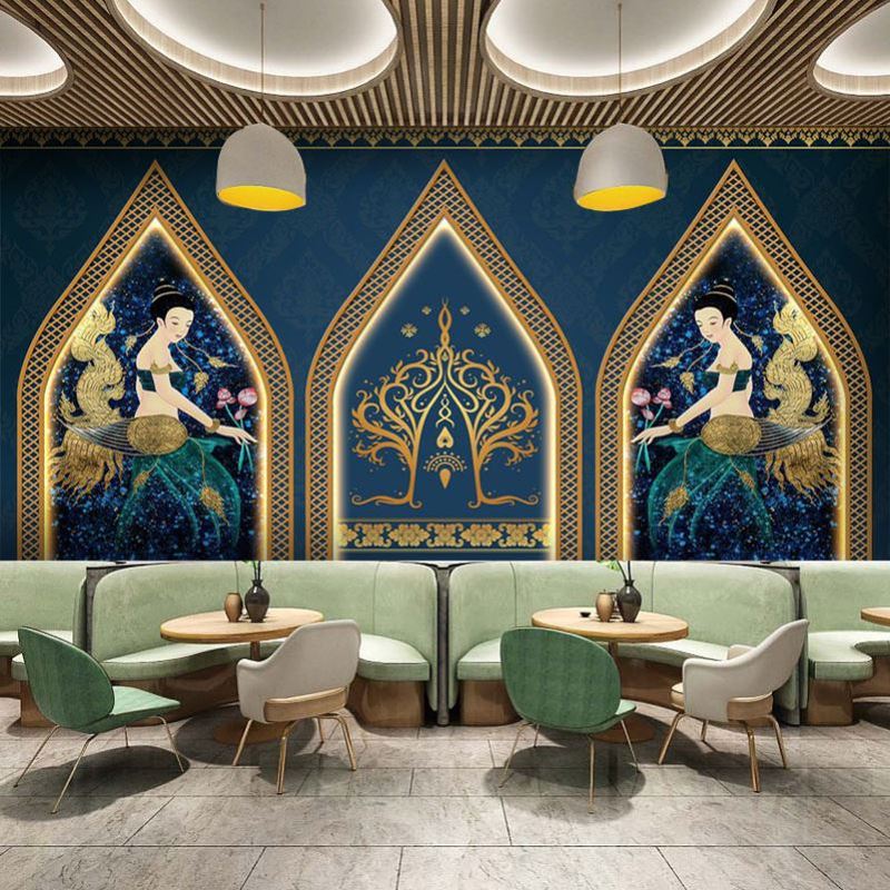 泰国风格壁纸泰式SPA按摩足疗养生馆床头装饰东南亚佛像背景墙纸