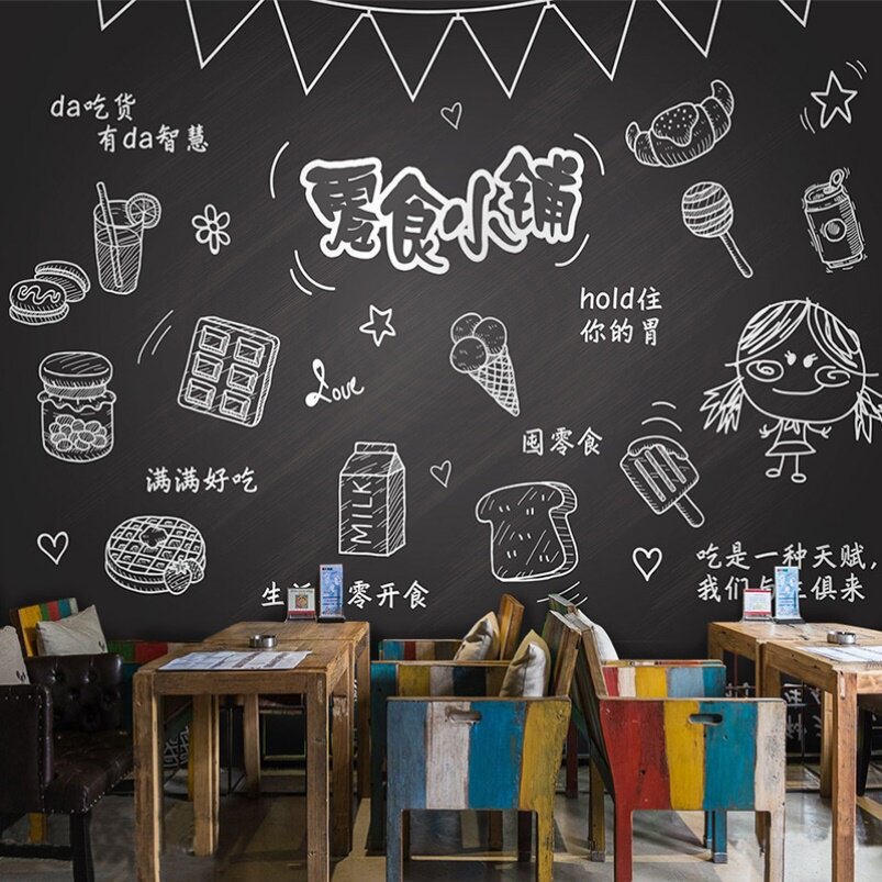 手绘零食小铺简笔画壁纸黑板主题背景糖果蛋糕店超市便利店壁纸