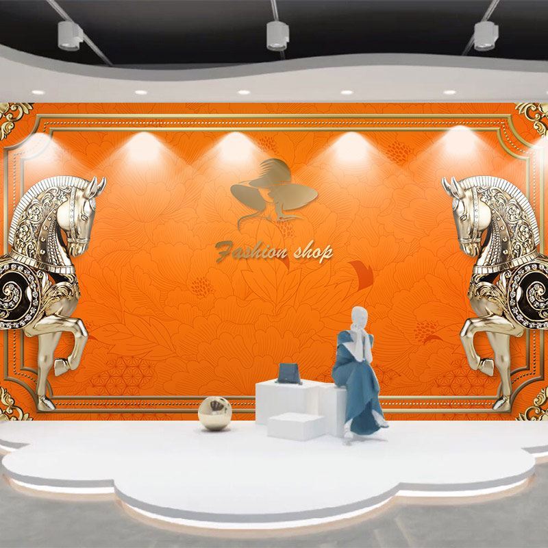 马仕橙色壁纸橘色墙布高级感壁布KTV奢侈品LOGO直播间背景墙纸爱