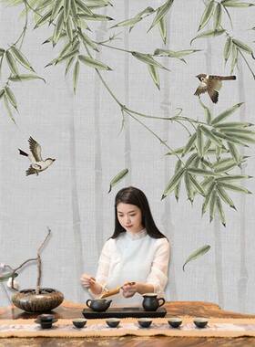 淡雅竹子壁布绿色竹叶墙纸客厅竹林背景墙禅意新中式风格茶室壁纸
