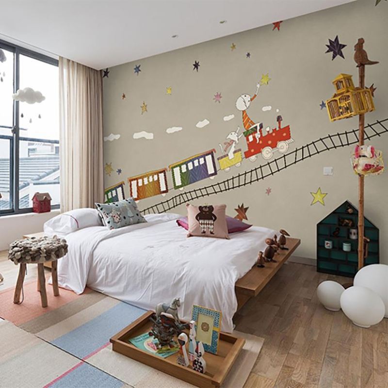 个性定制无缝墙布壁画现代简约 卡通小火车儿童房背景墙壁纸