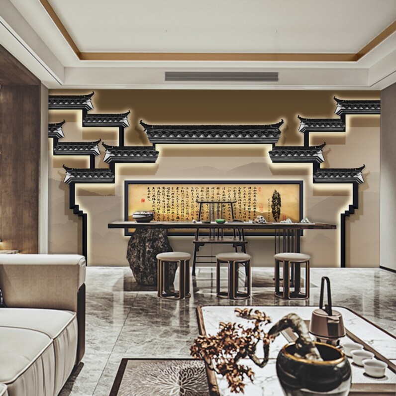 新中式徽派建筑壁纸禅意茶室背景墙饭店包间定制壁画古典屋檐墙纸