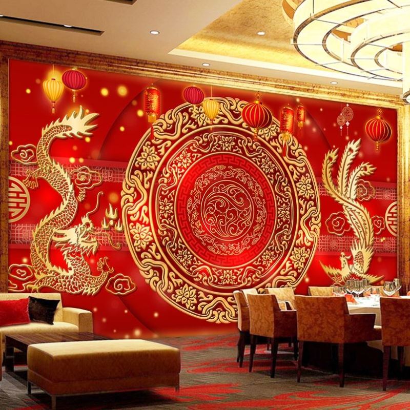 银饰珠宝店背景墙布结婚礼服馆旗袍壁纸红色喜庆龙凤呈祥直播墙纸