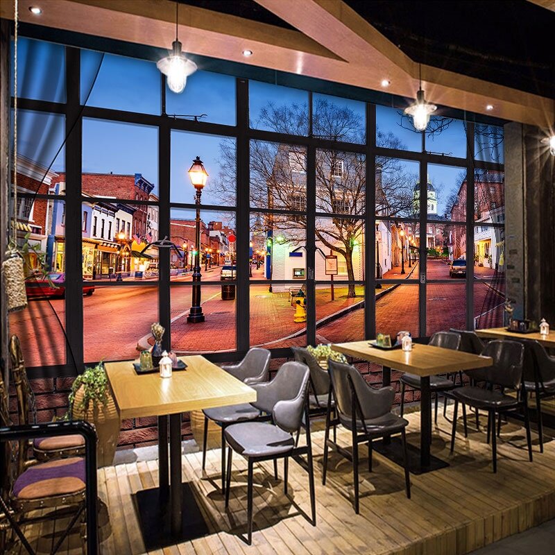 延伸空间窗外风景壁画欧洲街景直播壁纸饭厅咖啡厅英伦风壁纸