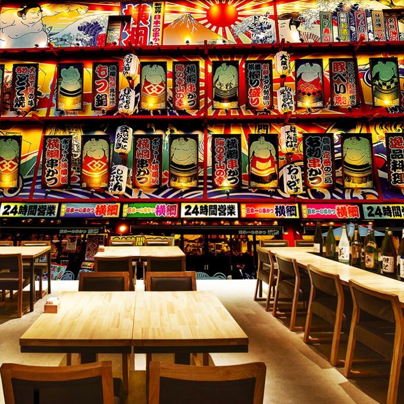 日式料理饭厅壁纸烧鸟居酒屋清酒烤肉日本街景壁画日料寿司店壁纸