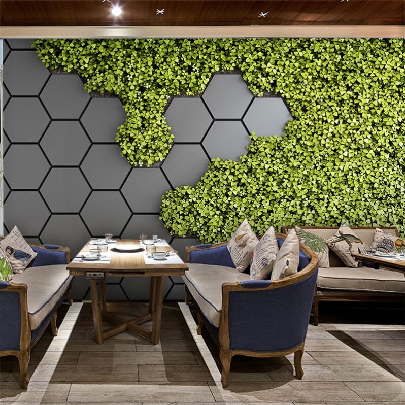小清新绿色植物壁纸西餐厅奶茶店休闲创意3d立体草坪绿植壁纸
