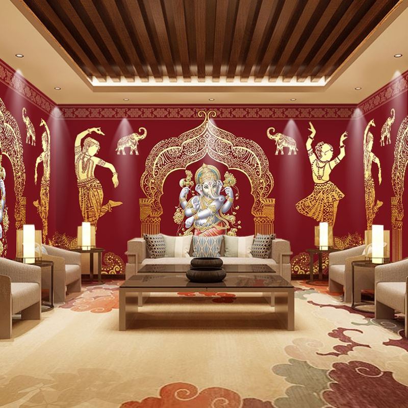 泰式手绘壁纸印度神话象神壁画瑜伽SPA店按摩养生馆泰国佛像墙纸