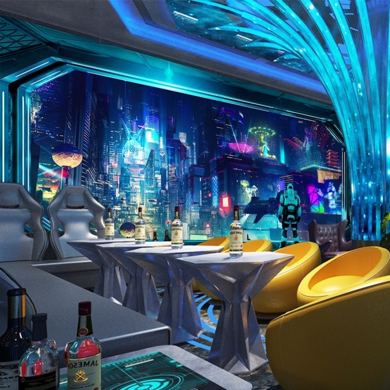 科幻赛博朋克风格壁纸3d科技感房间网咖k房装饰画ktv清吧酒吧壁纸