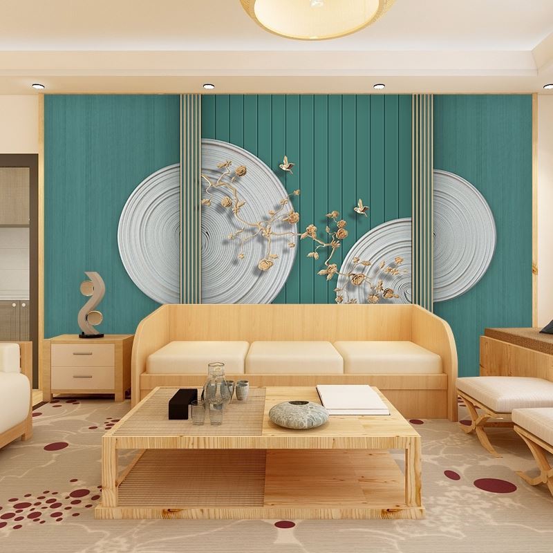 后现代新中式风格装修墙纸客厅3d立体花鸟轻奢背景墙装饰卧室壁纸