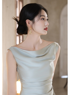浅绿色小晚礼服女轻奢小众高端宴会订婚连衣裙缎面高级感日常可穿