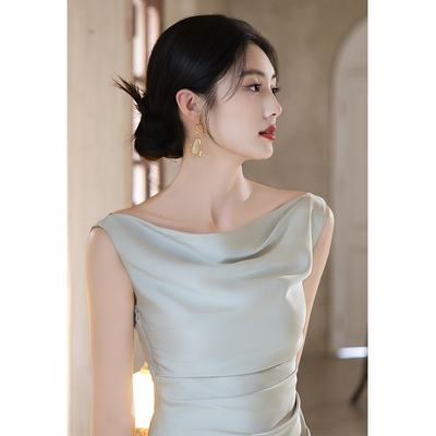 浅绿色小晚礼服女轻奢小众高端宴会订婚连衣裙缎面高级感日常可穿
