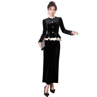 黑色宴会晚礼服女2025新款轻奢小众高端秋冬季丝绒长袖套装高级感