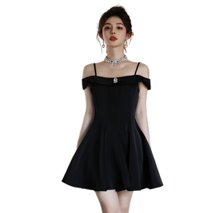 一字肩礼服高端轻奢小众高级感法式小个子生日聚会黑色女日常可穿