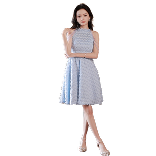 蓝色小晚礼服裙高定轻奢小众高端名媛生日party洋装小个子肩流苏