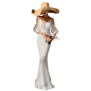 鱼尾晚礼服女夏宴会2026新款设计感轻奢小众高端白色主持人连衣裙