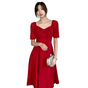 订婚连衣裙红色礼服平时可穿敬酒服新娘缎面中长款轻奢小众高端秋