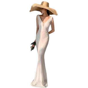 晚礼服夏季高端宴会2025新款女轻奢小众肩流苏鱼尾长裙主持人亮片