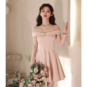 粉色小晚礼服裙女轻奢小众高端生日法式 吊带一字肩小个子平时可穿
