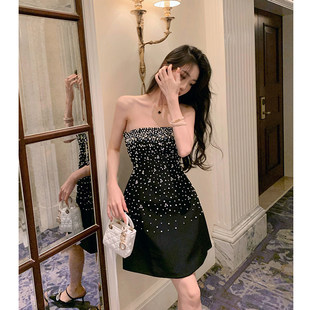 黑色抹胸小晚礼服名媛重工镶钻连衣裙收腰显瘦包臀生日聚会小个子