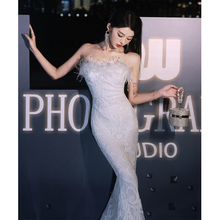 抹胸晚礼服女2025新款高级感宴会气质高端大气白色拖尾主持人长裙