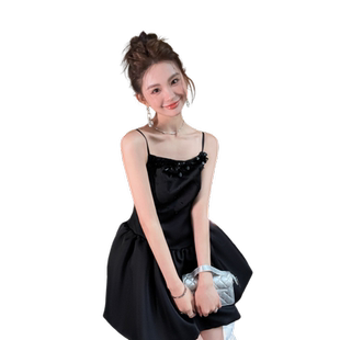 黑色小晚礼服裙高端轻奢小众生日party洋装吊带小个子缎面高级感