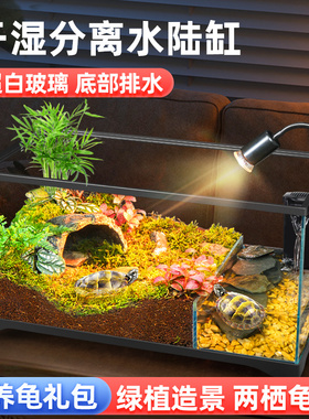 乌龟饲养缸生态水陆两栖家用小别墅造景半水龟蛙蟹乌龟专用玻璃缸