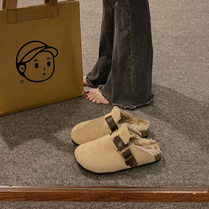 2023秋冬新款复古森系勃肯鞋女加绒博肯半拖一脚蹬豆豆鞋毛毛拖鞋