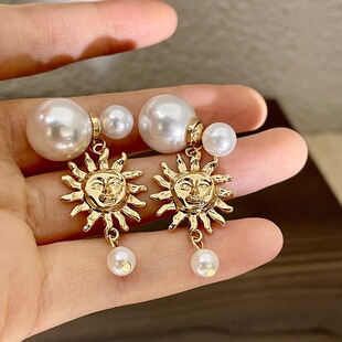 金色太阳花吊坠珍珠耳环女高级感大小珍珠双面多戴法耳钉耳饰266