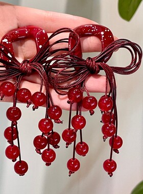 复古安可拉红色蝴蝶结耳环女长款水晶流苏耳钉红色耳饰10