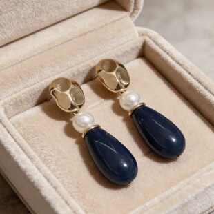 宫廷复古深蓝色水滴耳饰法式小众珍珠金属吊坠耳钉女耳环1223