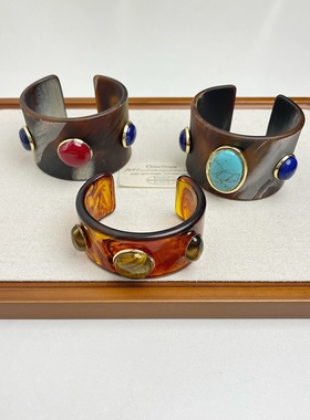 法式小众设计复古天然石宽面开口手镯高级感手工树脂个性腕饰205