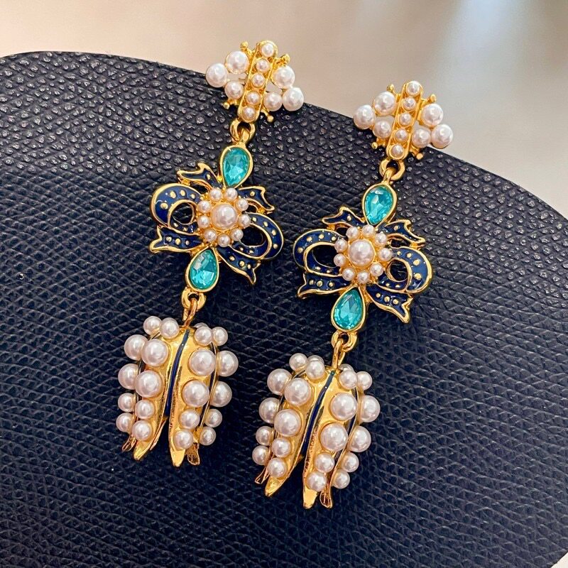 中古复古宫廷风蓝色耳环法式优雅小米珠珍珠吊坠耳钉银针耳饰13