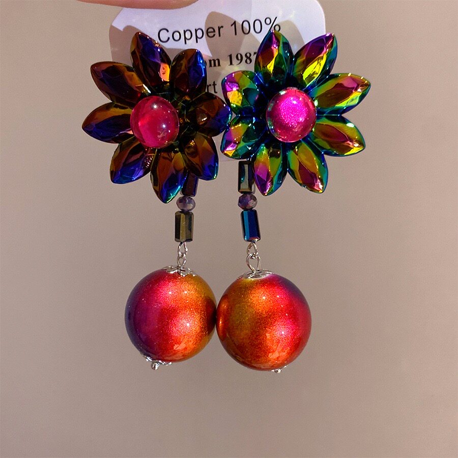 中古vintage复古小众渐变彩色花朵耳钉树脂镭射花瓣圆球耳环耳坠8