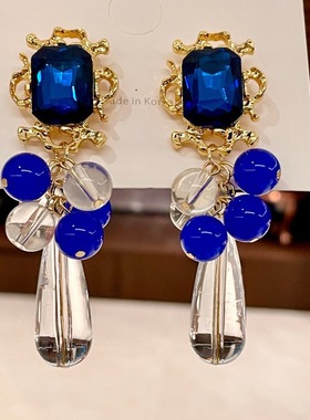 中古vintage复古西洋蓝色系列耳饰莱茵石手工蓝色琉璃耳环女27