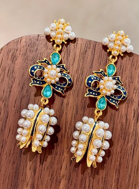 中古复古宫廷风蓝色耳环法式优雅小米珠珍珠吊坠耳钉银针耳饰7013