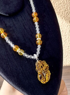 黄色貔貅水晶串珠项链高级感复古锁骨链国风新中式轻奢毛衣链4215