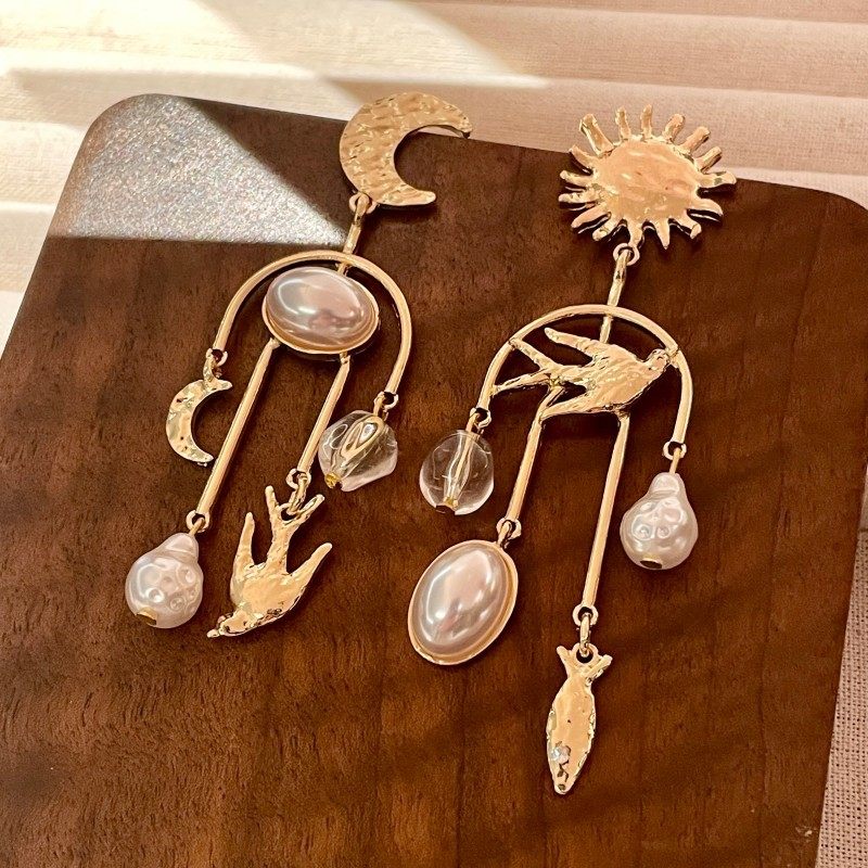 复古耳坠中古vintageAB款珍珠独特长款耳钉夸张扫肩耳饰63