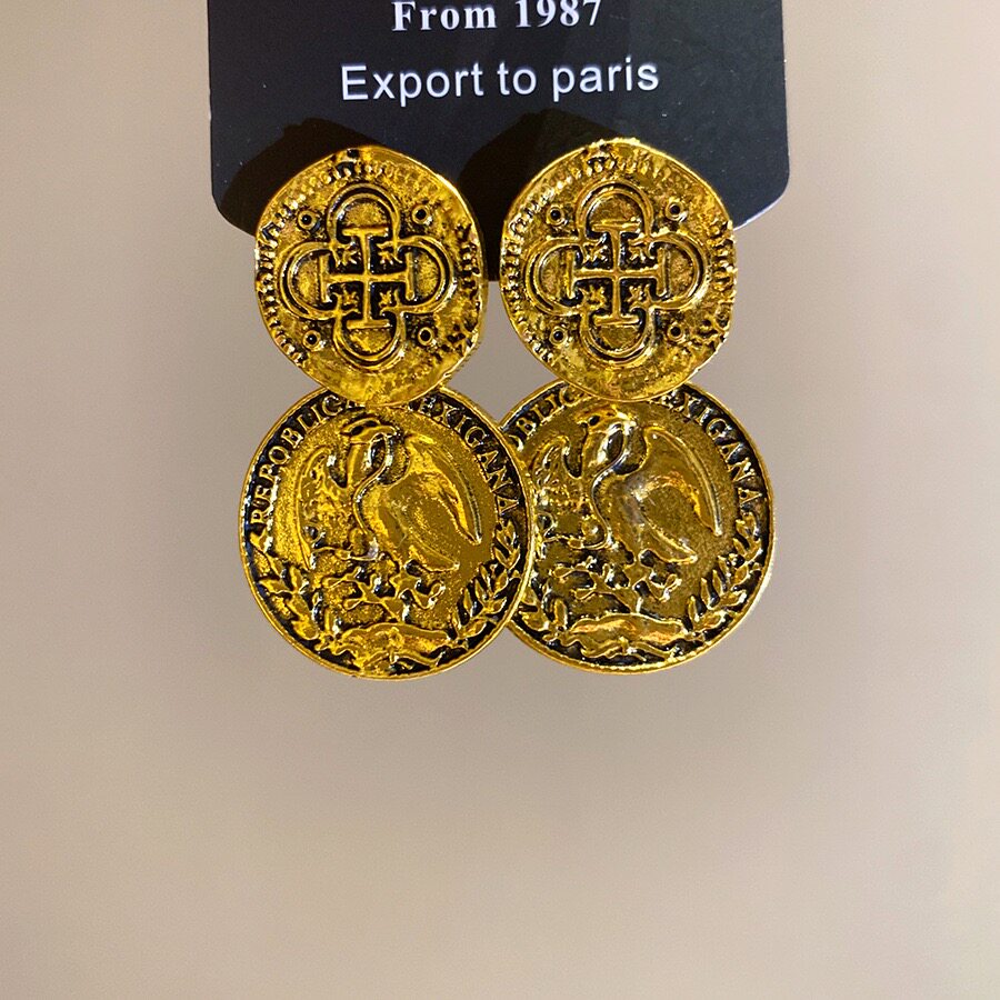 复古潮牌vintage中古风镀金头像金币时髦百搭法式耳环10
