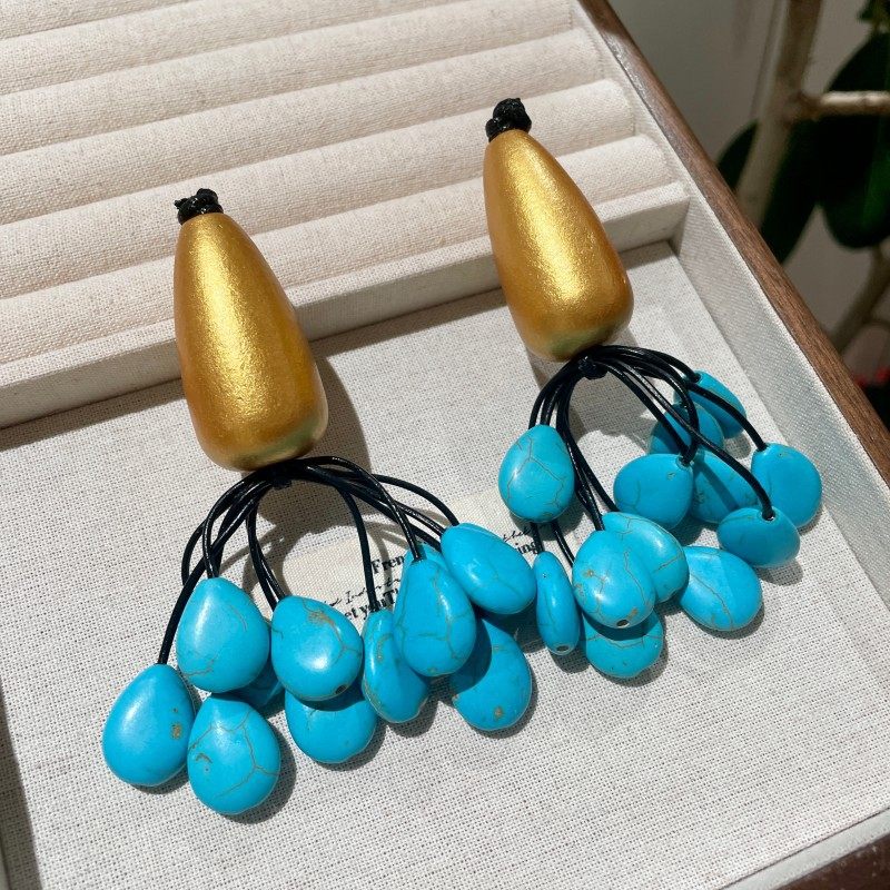 手工木质耳环气质蓝松石水滴耳钉独特民族风夸张流苏扫肩耳饰女16