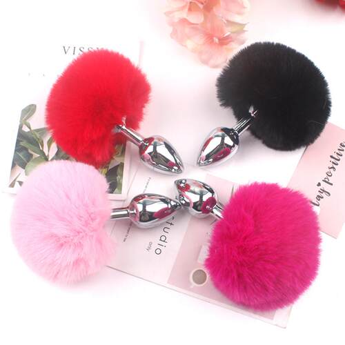 Rabbit tail metal fur ball anal plug husband and wife sex pr
