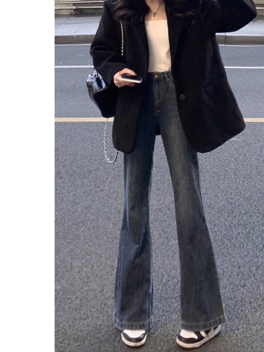 NON-LEGGED BOOTCUT JEANS WOMENS AUTUMN AND WINTER PLUS SIZE FAT MM HIGH WAIST THIN PEAR SHAPED STRAIGHT FLARED PANTS SMALL MAN