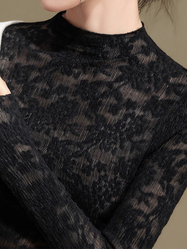 半高领蕾丝打底衫女2025新款秋冬高级感加绒加厚黑色网纱内搭上衣,女装/女士精品,T恤,淘宝优惠券,粉丝福利购,淘宝优惠卷