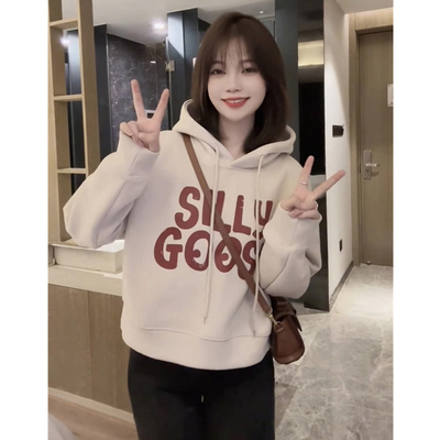 短款连帽卫衣女春秋新款宽松小个子加绒加厚字母印花休闲上衣