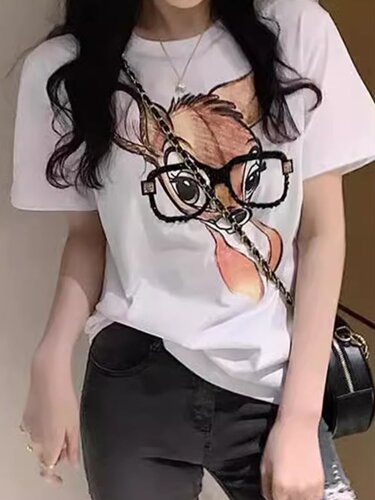白色纯棉短袖t恤女2025新款夏季chic卡通印花宽松百搭打底衫上衣