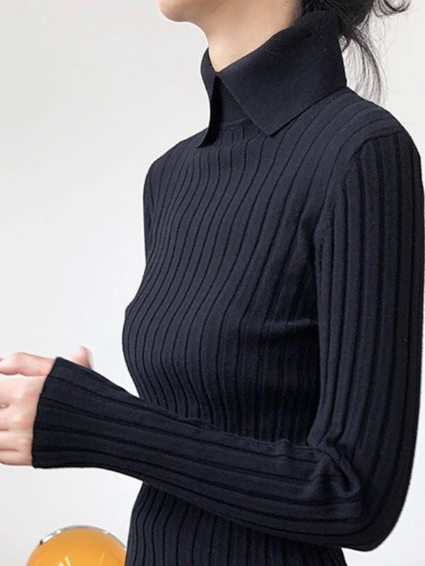 春秋新款长袖针织衫POLO衫娃娃领毛衣百搭修身显瘦黑色洋气上衣