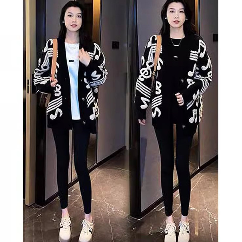 时尚中长款针织衫女春秋新款慵懒风黑色毛衣开衫宽松长袖上衣外套