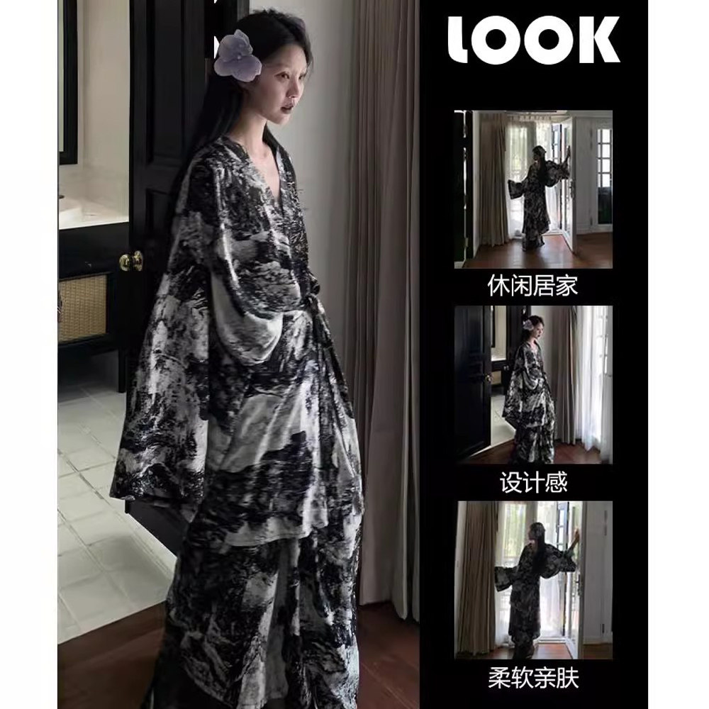 新中式水墨印花睡衣女款春秋季新款高级感国风睡裙家居服连衣裙子