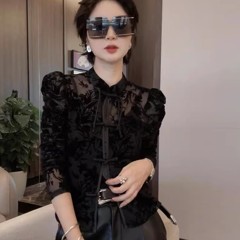 新中式立领盘扣提花衬衫女春秋新款泡泡袖显瘦衬衣微透气质上衣潮